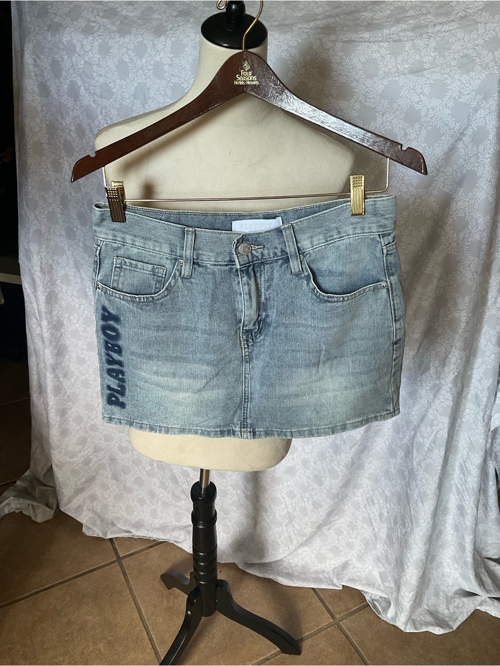 PLAYBOY Faded Light Blue Denim Mini Skirt with Logo